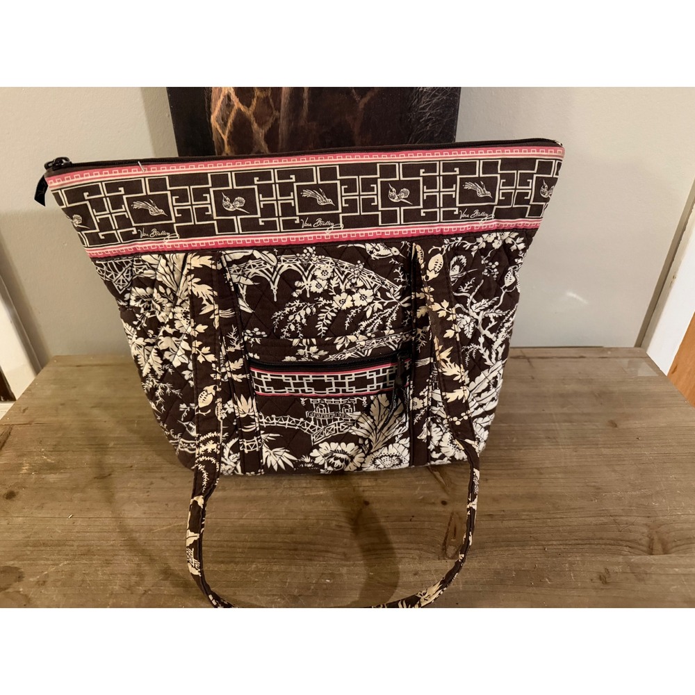Vera Bradley Night and Day Quilted Tote Bag Black White Pink Floral Toile Zip